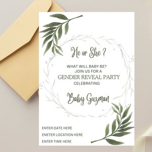 Greenery Gender Reveal Editable Invitation