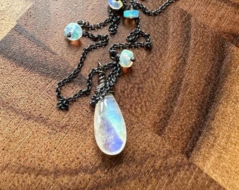 Glowing Moonstone and Natural Opal Necklace, Stones With Play Of Color, Oxidized Silver Jewelry