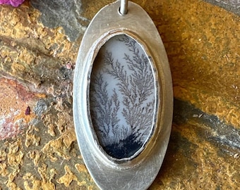Dendritic agate silver pendant, handmade botanical necklace, scenic agate jewelry