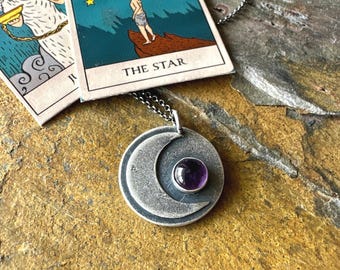 Amethyst Moon Necklace, Handmade Silver Celestial Pendant, Oxidized Crescent Moon Jewelry