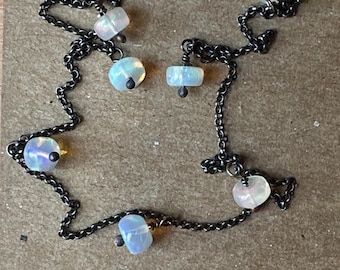 Opal bead necklace, oxidized silver dangles, handmade natural stone necklace