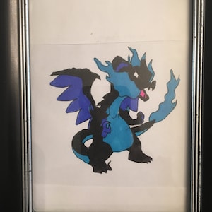 May include: A framed drawing of a blue and black dragon with flames coming from its tail and head. The dragon is facing the right side of the image.