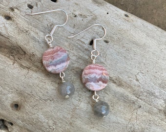 Rhodochrosite and Labradorite Earrings, Pink and Gray Stone Earrings, Metaphysical Crystal Healing Jewelry, Butternut Crystal Shop