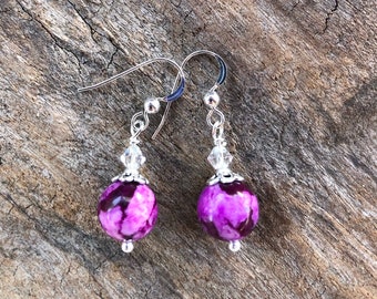 Sugilite Gemstone Earrings, Dainty Pink Stone Earrings, Fuchsia Pink Crystal Energy Spiritual Healing Jewelry