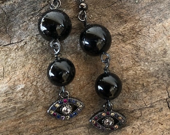 Black tourmaline earrings, Moon and Evil Eye earrings with black tourmaline, Tourmaline protectionl stone earrings, long dangle earrings