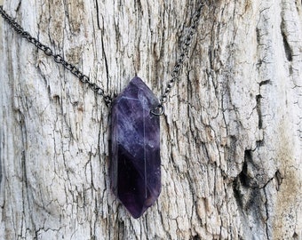 Amethyst Protection Pendant necklace for men and women, Amethyst Crystal Point with edgy black chain, February Birthstone necklace