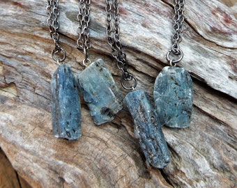 Raw Kyanite Protection Stone Necklace, Metaphysical Chakra Healing Crystal Jewelry for Men or Women, Rough Kyanite Necklace with black chain