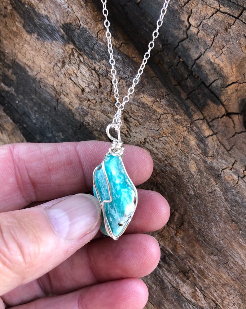 Raw Amazonite Pendant, Amazonite wire wrapped pendant, Butternut Crystal Shop, Rustic blue Stone Pendant, Natural Amazonite Necklace image 4