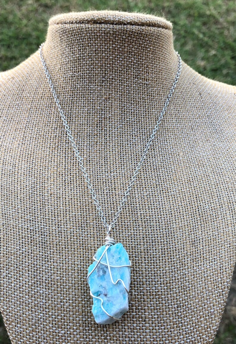 Raw Amazonite Pendant, Amazonite wire wrapped pendant, Butternut Crystal Shop, Rustic blue Stone Pendant, Natural Amazonite Necklace image 7