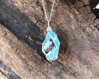 Raw Amazonite Pendant, Amazonite wire wrapped pendant, Butternut Crystal Shop, Rustic blue Stone Pendant, Natural Amazonite Necklace