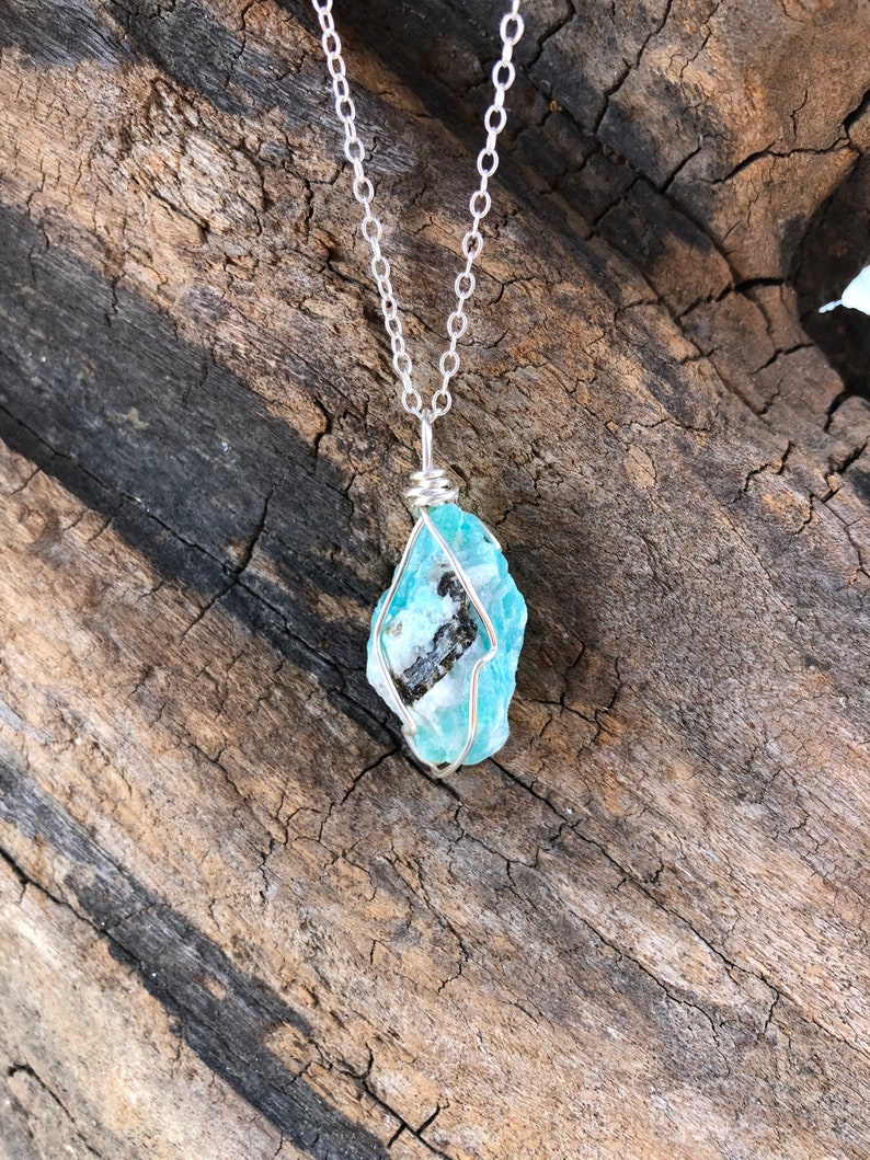 Raw Amazonite Pendant, Amazonite wire wrapped pendant, Butternut Crystal Shop, Rustic blue Stone Pendant, Natural Amazonite Necklace image 1