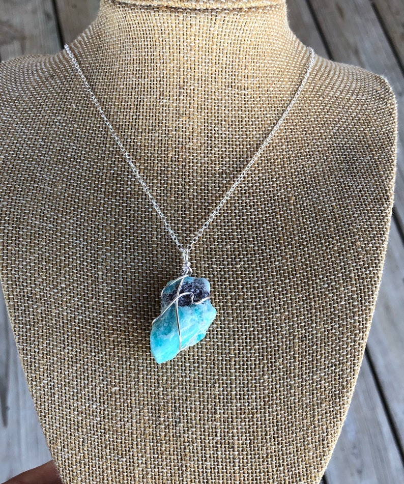 Raw Amazonite Pendant, Amazonite wire wrapped pendant, Butternut Crystal Shop, Rustic blue Stone Pendant, Natural Amazonite Necklace image 9