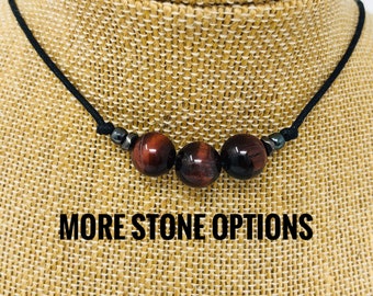 Protection Stone Necklace for Men and Women, Prehnite or Red Tigers Eye or Smoky Quartz triple bead Choker necklace, Crystal Choker Jewelry