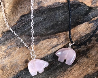 Zuni Bear Pendant Necklace, Rose Quartz Zuni Bear, Healing Crystal Necklace, Heart Chakra Necklace, Sterling Silver Chain Necklace