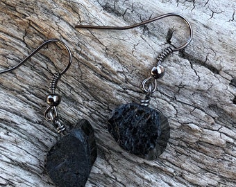 Raw black tourmaline earrings, Black Earring wires and Black Tourmaline protection crystal earrings, Men's black tourmaline dangle earrings