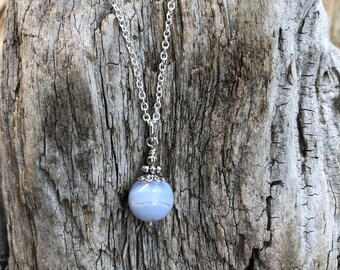 Blue Lace Agate Necklace, Blue Agate Metaphysical Crystal Healing Necklace with silver chain,  Baby Blue Throat chakra Pendulum Necklace