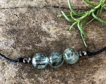 Prehnite Triple bead choker necklace, minimalist crystal necklace with black cord for men and women, Heart Chakra Metaphysical Healing Stone