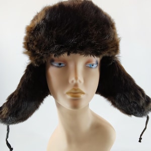 fur trapper hat, vintage, winter, brown Russian hat, ushanka, flaps tied on top
