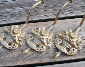 3 Vintage Brass Hooks, Rose Decor, Wall Hanger