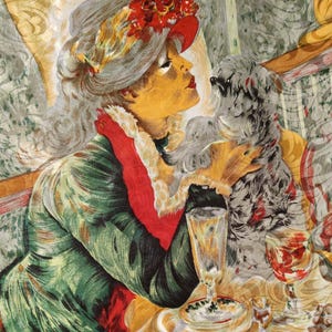 Foulard en soie Remoy d'Urvile vintage - Femme au chien, vert et bleu (87 cm)