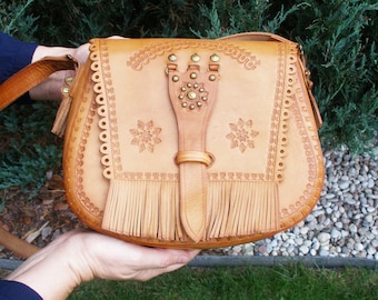 tooled leather bag-leather purse-women leather shoulder bag-tooled women bag-vintage leather bag-brown leather bag-bag for women-handmade