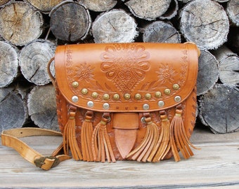 Bolso de hombro vintage de piel repujada – Monedero bohemio marrón