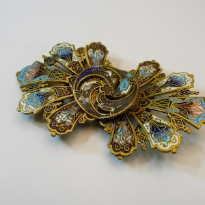 Antique Victorian Brass Enamel Belt Buckle, Ca. 1900, two Part Champlevé Enamel On Brass Floral Design, Stunning Antique Belt Buckle