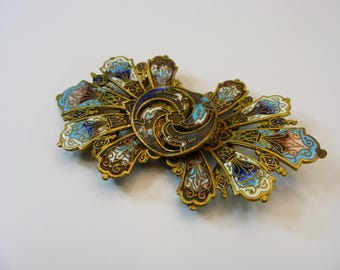 Viktorianische Gürtelschnalle aus Champlevé-Emaille und Messing, florales Design, ca. 1900