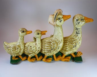 Vintage Cast Iron Duck Family Doorstop, Painted Home Decor