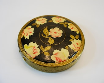 Vintage Make-up Mirror / Powder Gold Tone Metal Compact-Decorative Floral Design-Retro Handbag Accessory