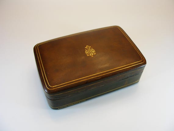 Vintage Florentine Leather Jewelry Box, Tooled Gold Fleur De Lis, Art Deco Casket