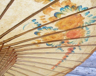 Japanese umbrella 100cm in bamboo and hand painted rice paper, Vintage parasol, Ancient Japanese umbrella hand painted rice paper and bamboo