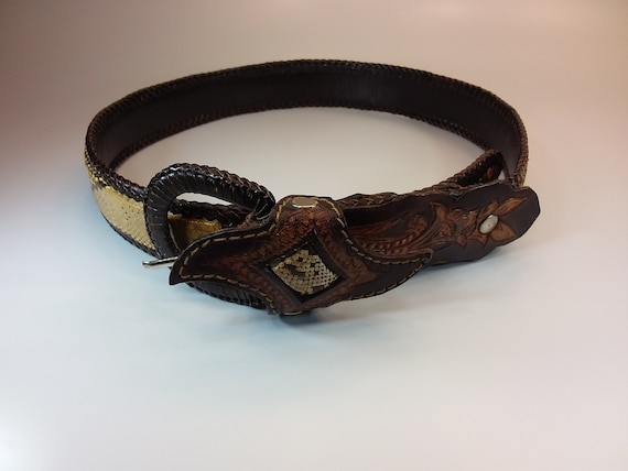Vintage leather brown snakeskin design belt Vintage Brown Reptile Snakeskin Belt Made in Italy by Lua  main image 3