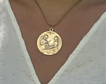 Magnifique pendentif de baptême en or avec anges et médaille du Saint-Esprit
