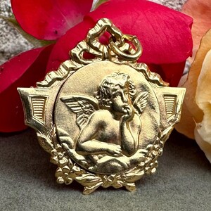 Large Gold Filled Angel Necklace Pendant, French Antique Raphael's Cherub Medal Guardian Angel Charm, Newborn Gift