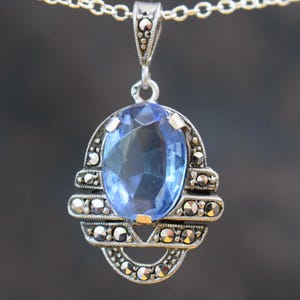 Art Deco Silver Blue Topaz Pendant with Marcasite, Antique Jewelry, Vintage Wedding Gift, Gift for Her
