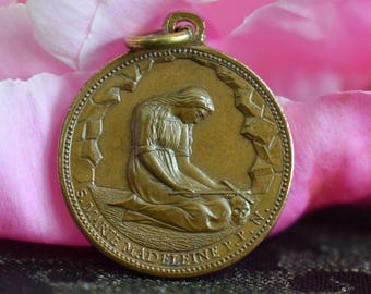 Saint Mary Magdalene Pendant by L Penin, Antique French 19th.C Religious Medal