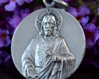 Jesus Sacred Herat Pendant by Revillon, Antique French Silver Jesus Christ Medal, Communion Gift