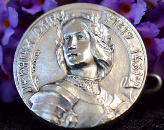 St Joan of Arc Silver Pin Brooch, Patron saint of Women, Antique Jewelry signed G Berger, Catholic Gift, I am not afraid