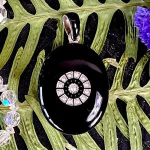 Rare Silver Black Onyx Locket Pendant with Seed Pearls, Sentimental Victorian Jewelry, Gift for Her