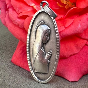 Vintage Silver Modern Mary Pendant, French Medal of Communion, Gift for Her