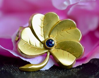 Art Nouveau Gold Filled FIX Brooch, Four-leaf Clover Jewelry, Saphir Paste Stone