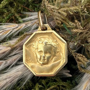 Beautiful c1920 Angel Pendant, French Antique Gold Filled Medal, Baptism Gift, Cherub Locket by Grun, Gift for Her