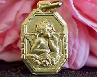 1920s Gold Filled Raphael's Cherub Pendant, French Art Deco Guardian Angel Medal