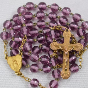 Antique French Religious Gold & Faceted Purple Glass Beads Scapular Rosary
