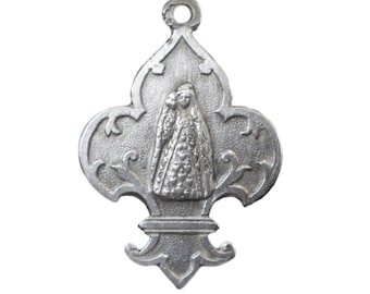 Vierge à l'enfant médaille argent massif fleur de lys pendentif Arcachon