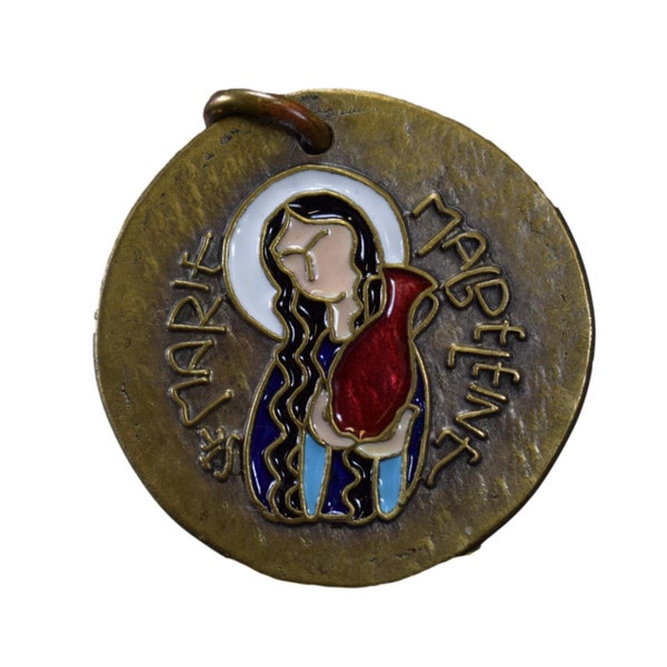 Saint Mary Magdalene Medal Large Cloisonne Enamel Pendant Vintage French Catholic Gift by Elie Pellegrin