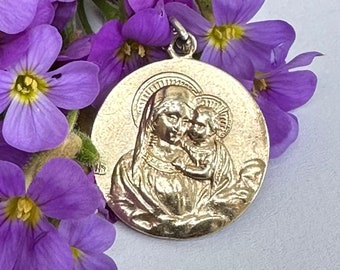 Vintage Holy Mary Medal Gold Sterling Silver Pendant Madonna and Child