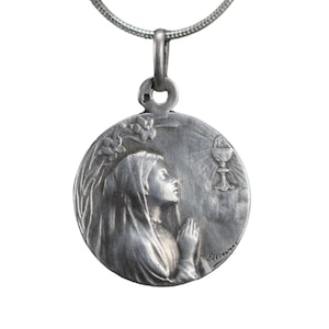 Art Nouveau Sterling Silver Communion Medallion Pendant Necklace Religious Jewelry