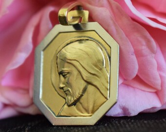 Art Deco Jesus Christ Gold Pendant, Religious Medal by Samuel Grun, Vintage Jewelry, Catholic Gift for Men